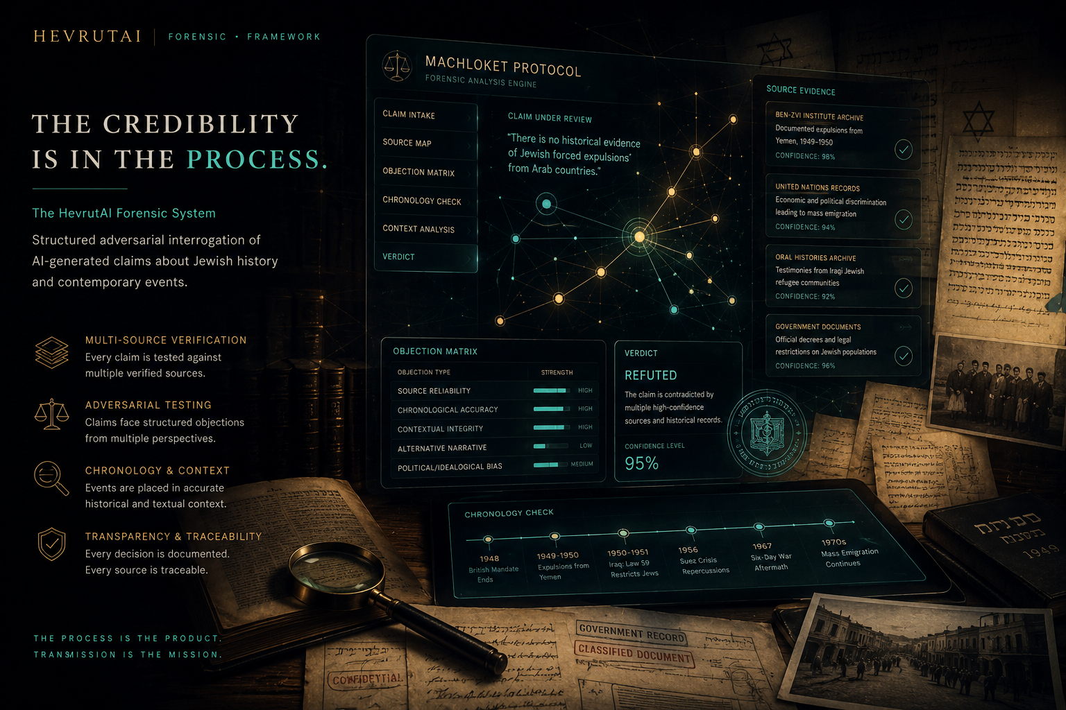 The HevrutAI Machloket Protocol forensic analysis engine — showing claim intake, objection matrix, chronology check, and verdict with 95% confidence.