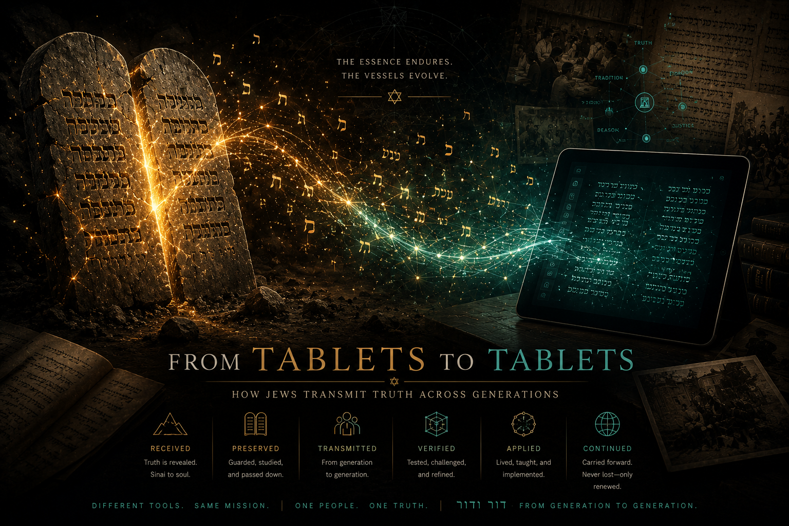 From Tablets to Tablets — how Jews transmit truth across generations. Stone tablets dissolving into a digital tablet through a stream of golden Hebrew letters and teal network connections.